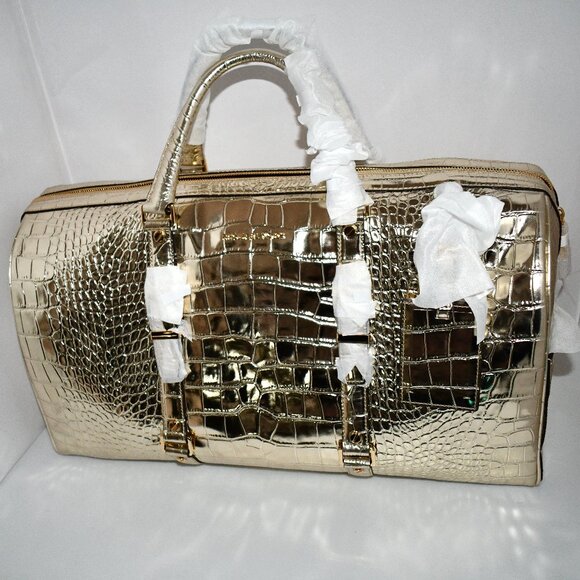 Michael Kors XL Metallic Crocodile Embossed Leather Weekender Bag in Gold #30F4G - Picture 1 of 11